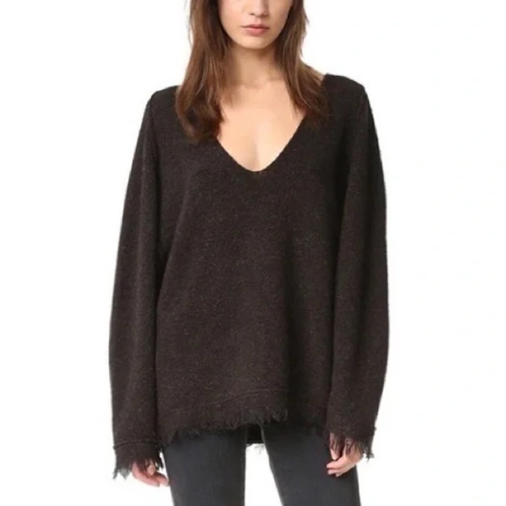 Free People Wool Linen Sweater V-Neck Irresistible Fringe Marled Dark Brown